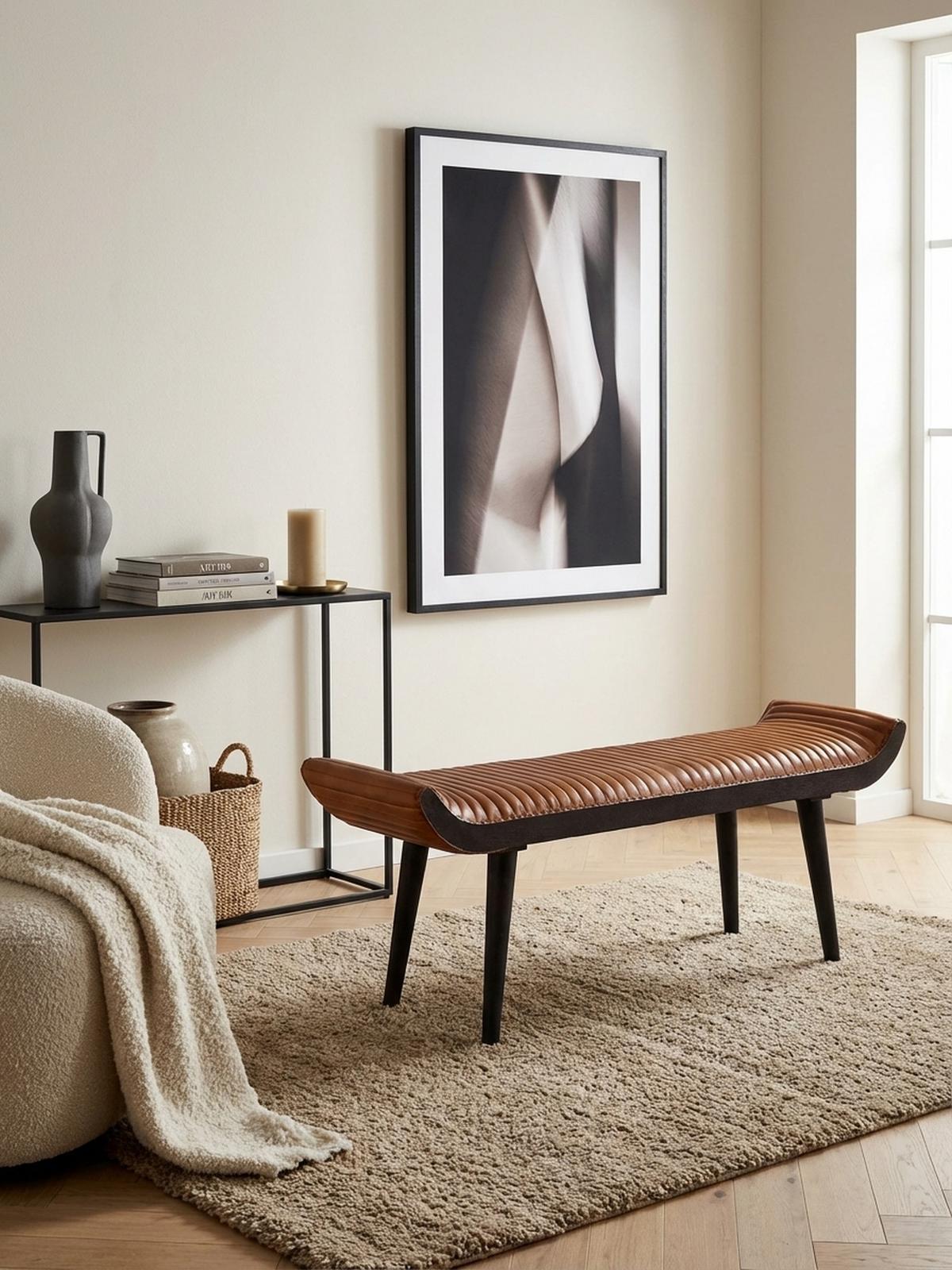 SITZBANK – Echtleder, 125x51x38 cm, Nietenrand, Massivholzbeine - Schwarz/Braun, Mangoholz/Leder (125/51/38cm) - KADIMA DESIGN