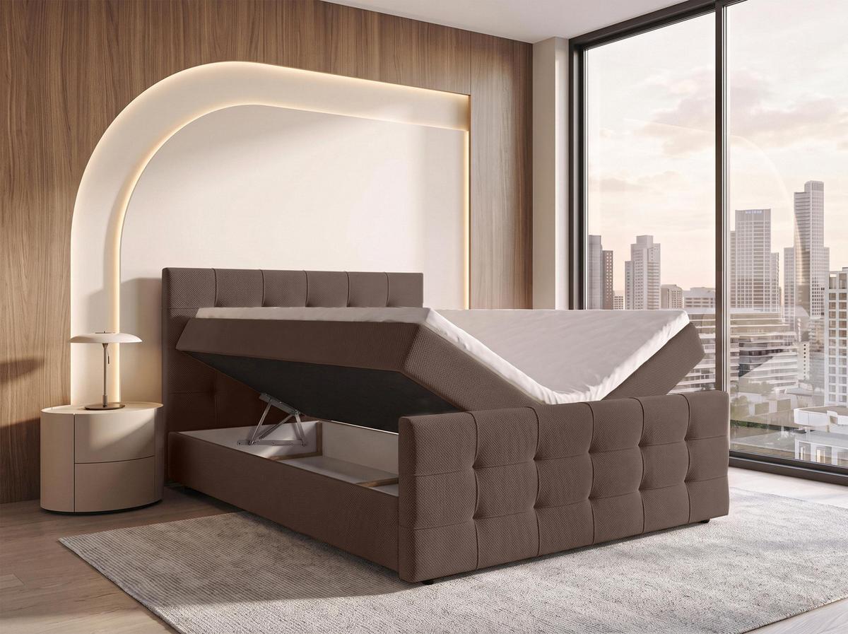 BOXBETT DEFNE 140x200 cm mit Fußteil und Matratze - Braun + TOPPER - Schwarz/Braun, Holz/Holzwerkstoff (140/200cm) - AX Living