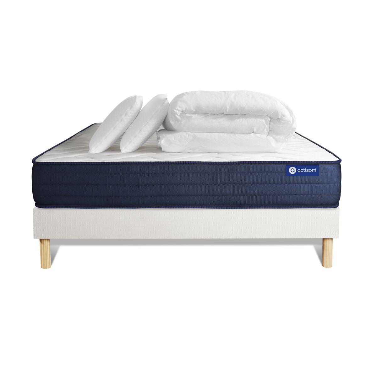 BETT Actiflex life Taschenfederkern und Memory-Schaum 160 x 200 cm h4 - Kit Bettgestell Weiß - Mit Kissen und Bettdecke - Beige/Weiß, Karton/Holz (160/200cm) - ACTISOM