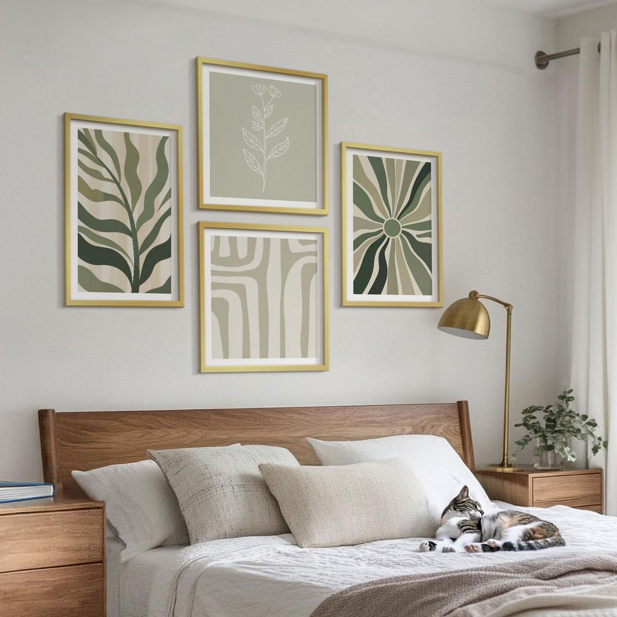BILDER SET 4er Set - 50x50 cm & 40x60 cm Goldrahmen - Pflanzenmuster grüner Minimalismus - Goldfarben, Kunststoff (50/50cm) - TULUP