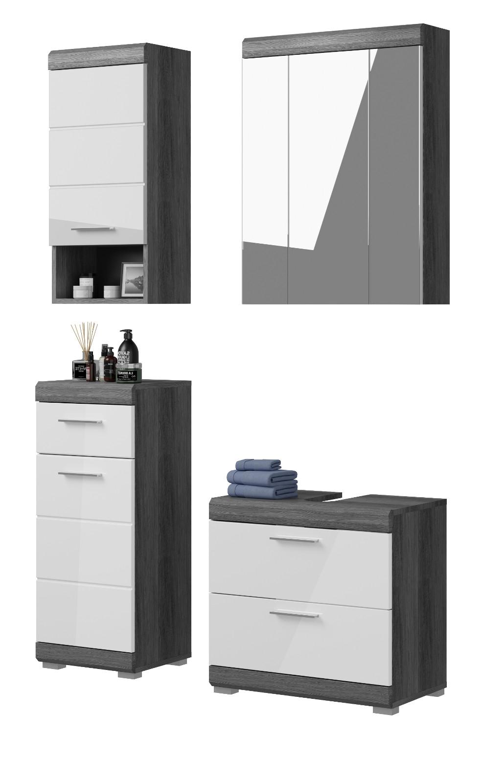 BADMÖBEL-SET weiß Hochglanz, grau 4-teilig 112 cm, Komplettset mit 14 Fächern - Weiß Hochglanz/Grau, Holzwerkstoff (112/191/34cm) - Inn.Furn