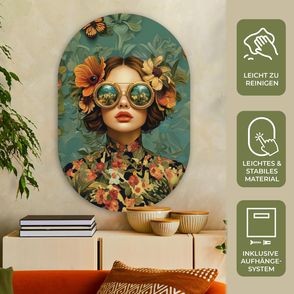 WANDBILD Frau - Blumen - Schmetterlinge - Natur - Vintage Deko Groß 80x120 cm - Petrol, Kunststoff (80/120cm) - MuchoWow