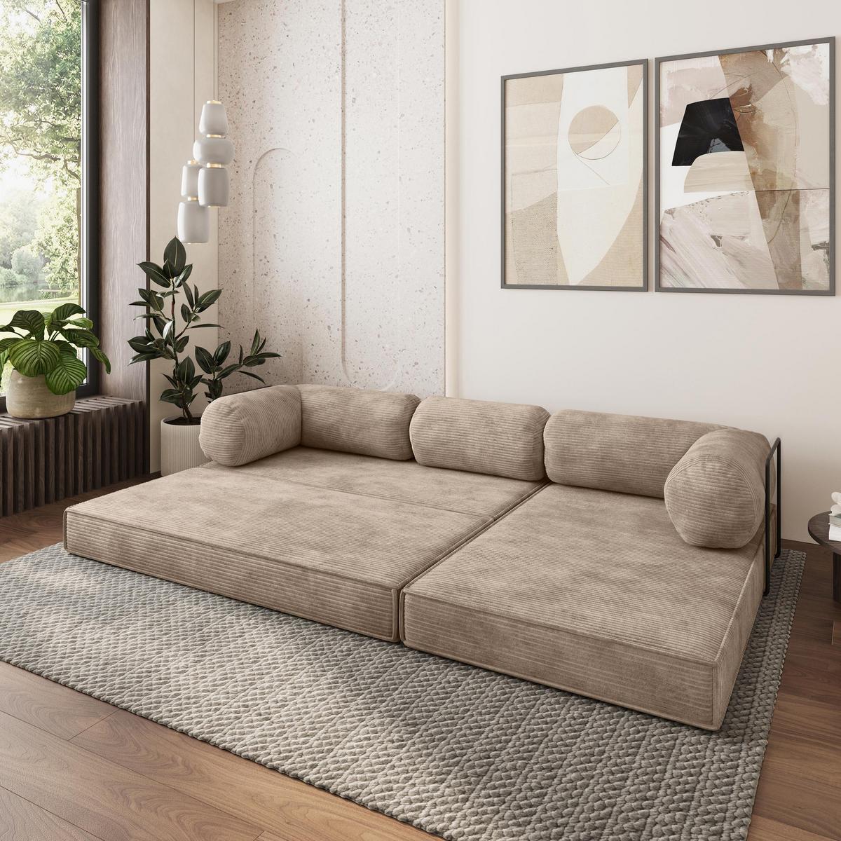 ECKSOFA ETERA modulares Boneless Sofa mit Schlaffunktion Beige Kordstoff - Beige, Textil (270/160cm) - MASSENO