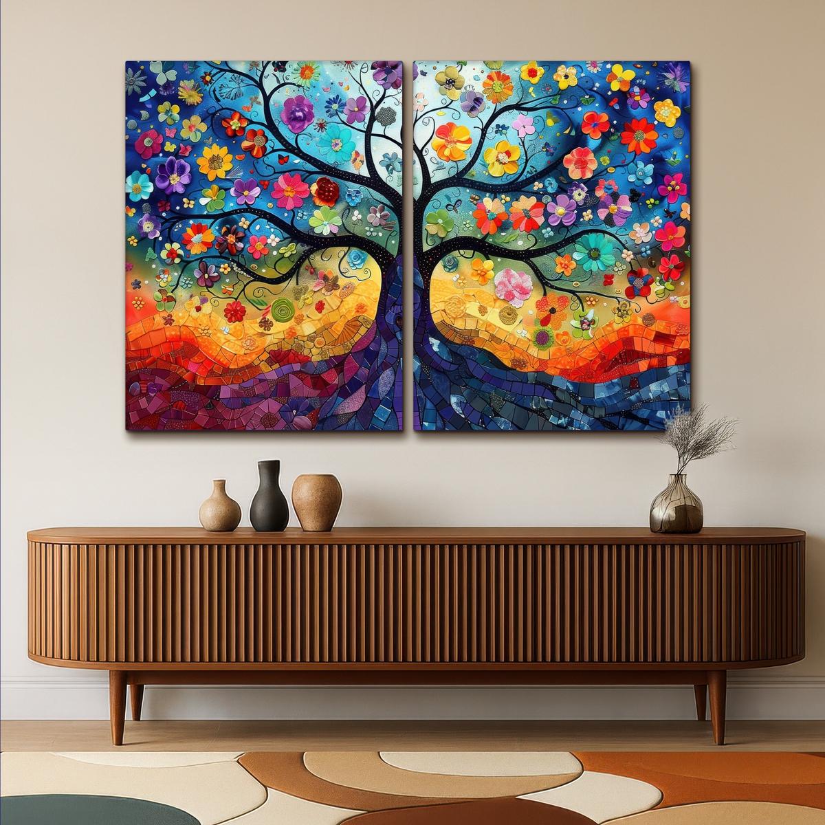 LEINWANDBILD 2er Set Bunt - Baum des Lebens - Blumen - Abstrakt 180x120 cm - Blau, Textil (180/120cm) - MuchoWow