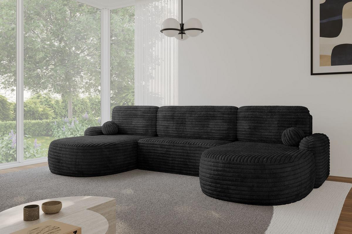 WOHNLANDSCHAFT mit Schlaffunktion und Bettkasten LIRA-U - 335x172x89 Schwarz - Schwarz, Holzwerkstoff/Textil (335/89/172cm) - ALTDECOR