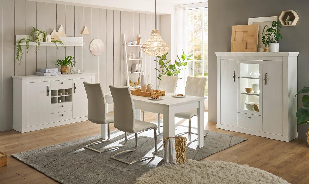 ESSZIMMER-SET 4-teilig weiß Pinie Landhaus, Soft-Close-Funktion - Silberfarben/Weiß, Glas/Holzwerkstoff (166/146/90cm) - Furn.Design
