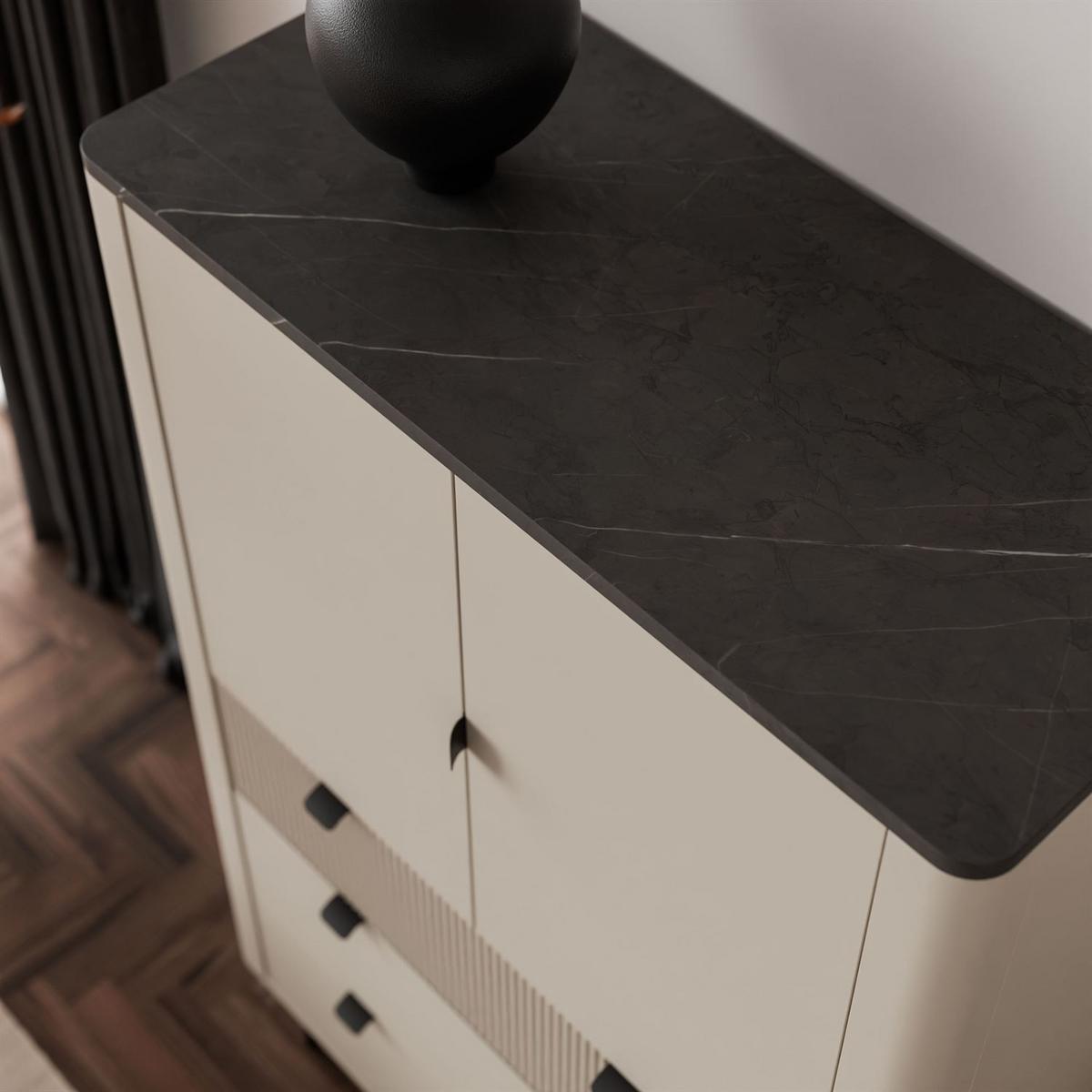 HIGHBOARD mit Schubladen AUTUMN 2D3S mit geriffelter Front, Kaschmir / Grauer Stein - Beige, Holzwerkstoff (90/142/40cm) - Lookway