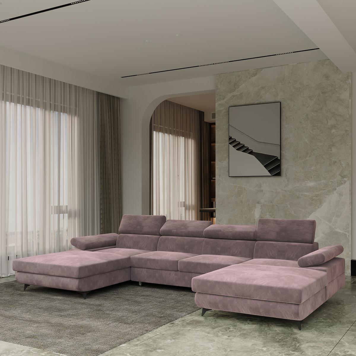 WOHNLANDSCHAFT DETTI Lila Velours-Stoff mit Schlaffunktion - Lila, Holz (339/89/190cm) - MASSENO