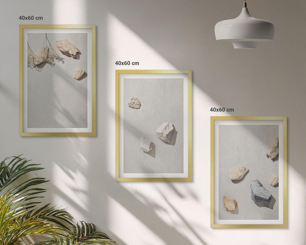 BILDER SET 3er Set - 40x60 cm Goldrahmen - Boho-Stranddekorationen aus Steinen - Goldfarben, Kunststoff (40/60cm) - TULUP