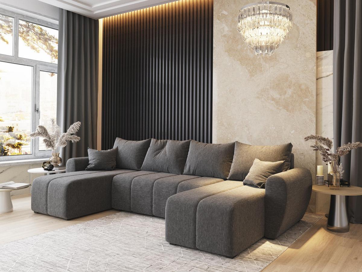 WOHNLANDSCHAFT MADISON U Hellgrau Dünner Stoff mit Schlaffunktion - Hellgrau/Schwarz, Holz/Kunststoff (311/82/145cm) - MASSENO