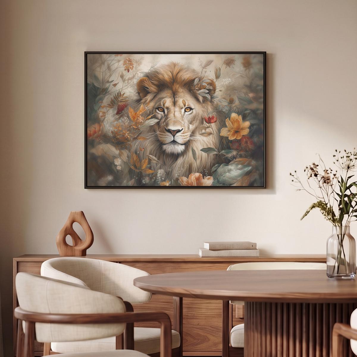 LEINWAND Bilder mit Rahmen - Löwe - Wildtiere - Pflanzen - Natur - Blumen - 80x60 - Beige, Textil (80/60cm) - MuchoWow