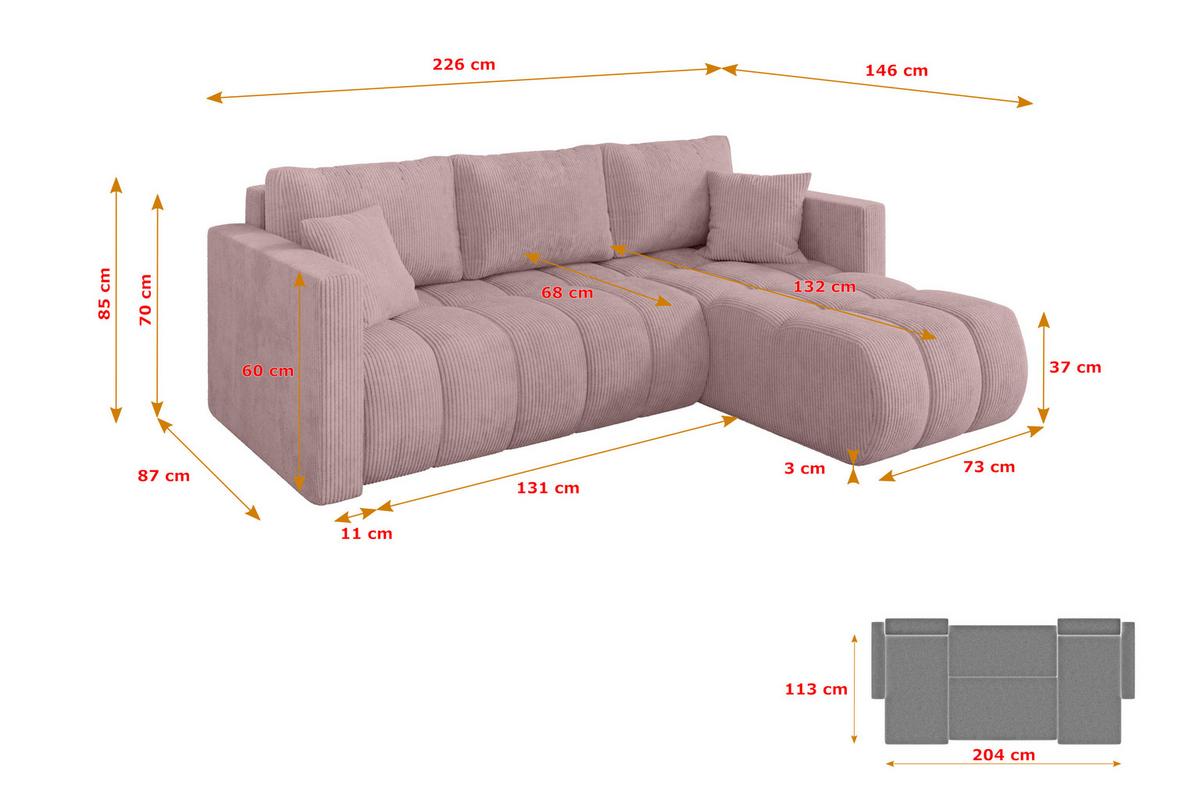 ECKSOFA mit Schlaffunktion Ottomane Rechts GARD-L 226x146x85 Rosa Cord - Schwarz/Rosa, Holzwerkstoff/Kunststoff (226/146cm) - ALTDECOR