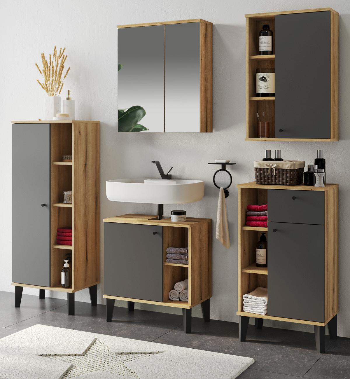BADMÖBEL-SET 5-teilig grau, Evoke Eiche, Badkombination, 182 x 190 cm - Eichefarben/Grau, Glas/Holzwerkstoff (182/190/33cm) - Furn.Design