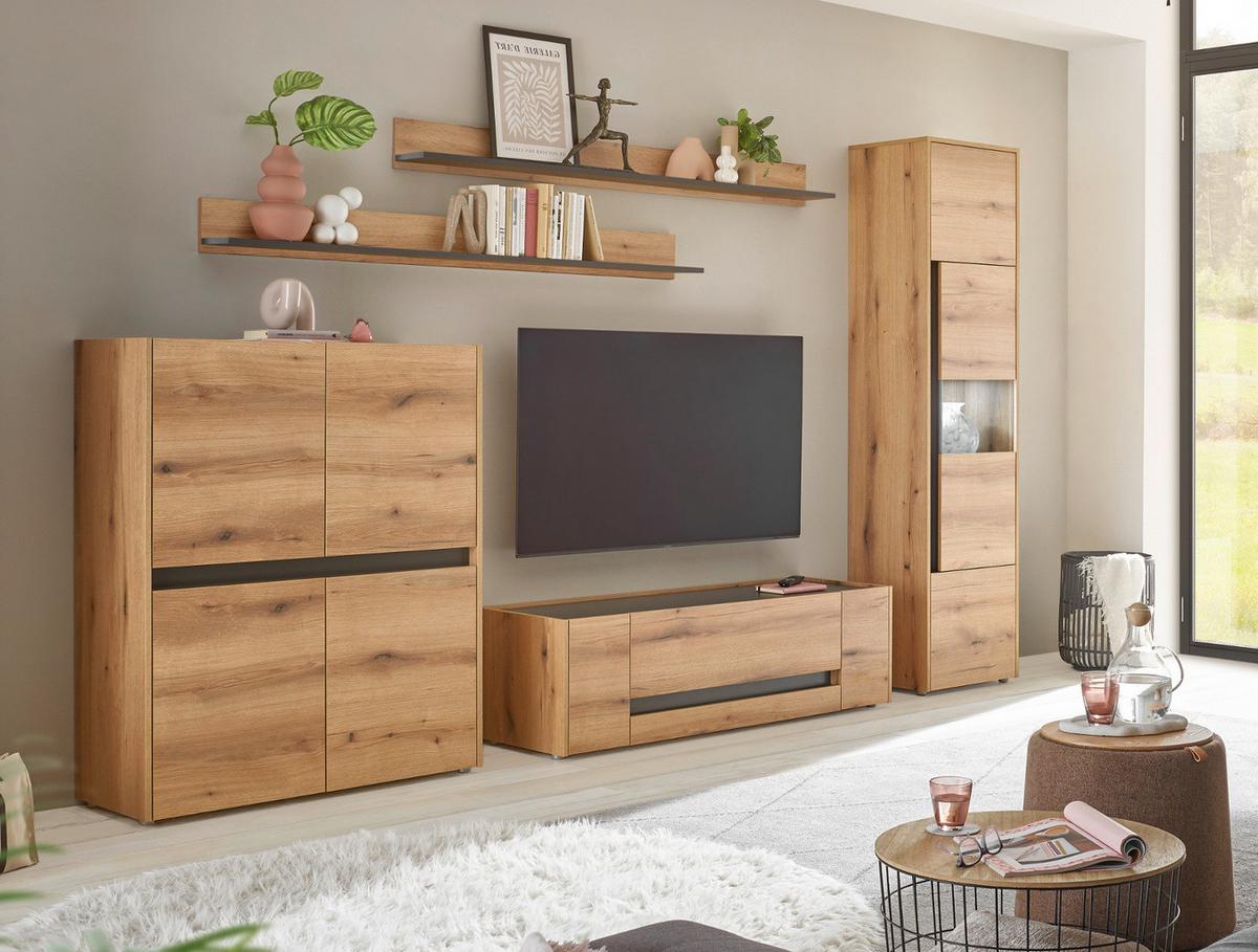 WOHNWAND Evoke Eiche, grau, Schrankwand Set 5-teilig Breite 350 cm - Eichefarben/Grau, Glas/Holz (350/197/45cm) - Furn.Design