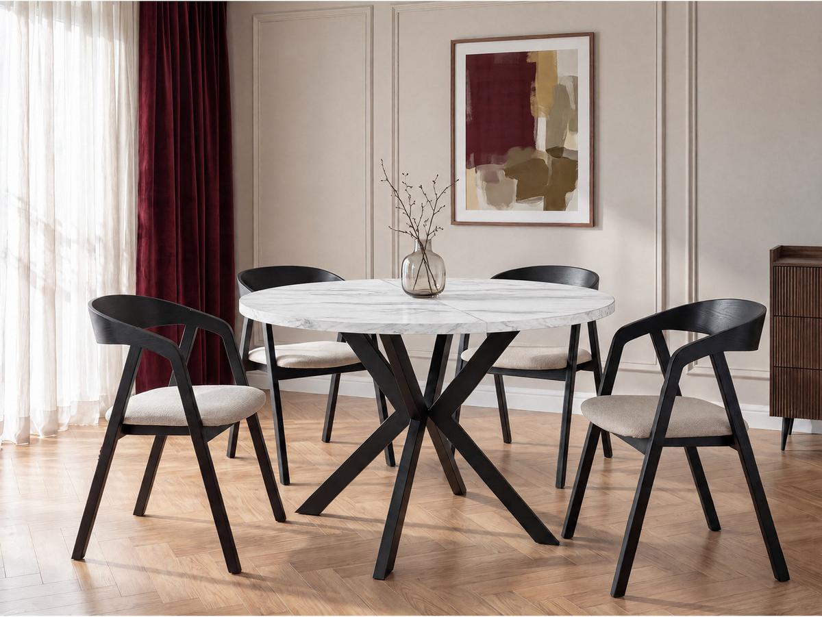 ESSTISCH Valeo runder ausziehbarer, Marmor Weiß 100-180/100/76 cm - Ecru/Schwarz, Holzwerkstoff/Metall (100/180/76cm) - WFL GROUP
