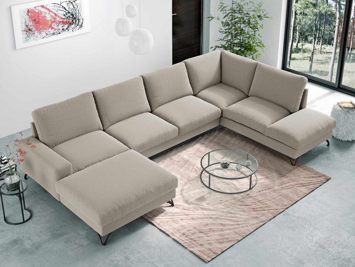 WOHNLANDSCHAFT Flavio U, Seite: Links - L1F+L2F+R3F - Beige/Schwarz, Holz/Textil (367/91/214cm) - MIRJAN24