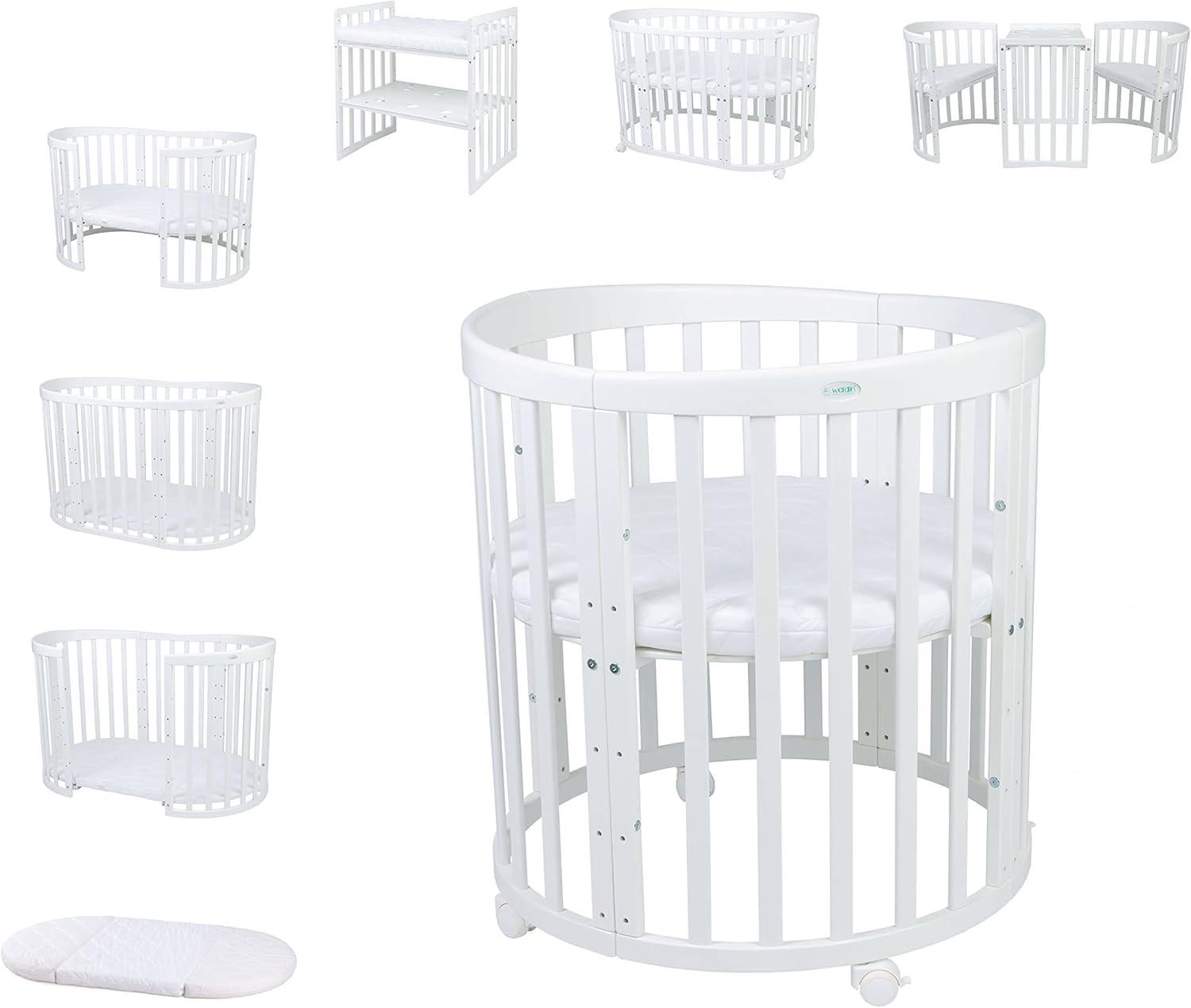 BABYBETT WHITE OVAL 7in1 mit Matratze - Weiß, Holz/Textil (73/125cm) - waldin