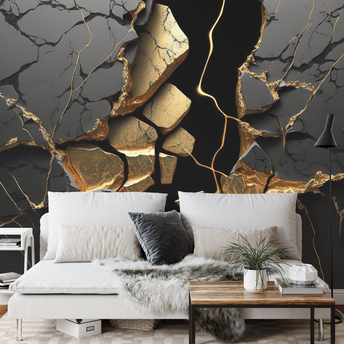 FOTOTAPETE für Wohnzimmer Schwarzer Abstrakter Marmor Gold Risse Wand 300x210 - Schwarz, Papier (300/210cm) - Muralo