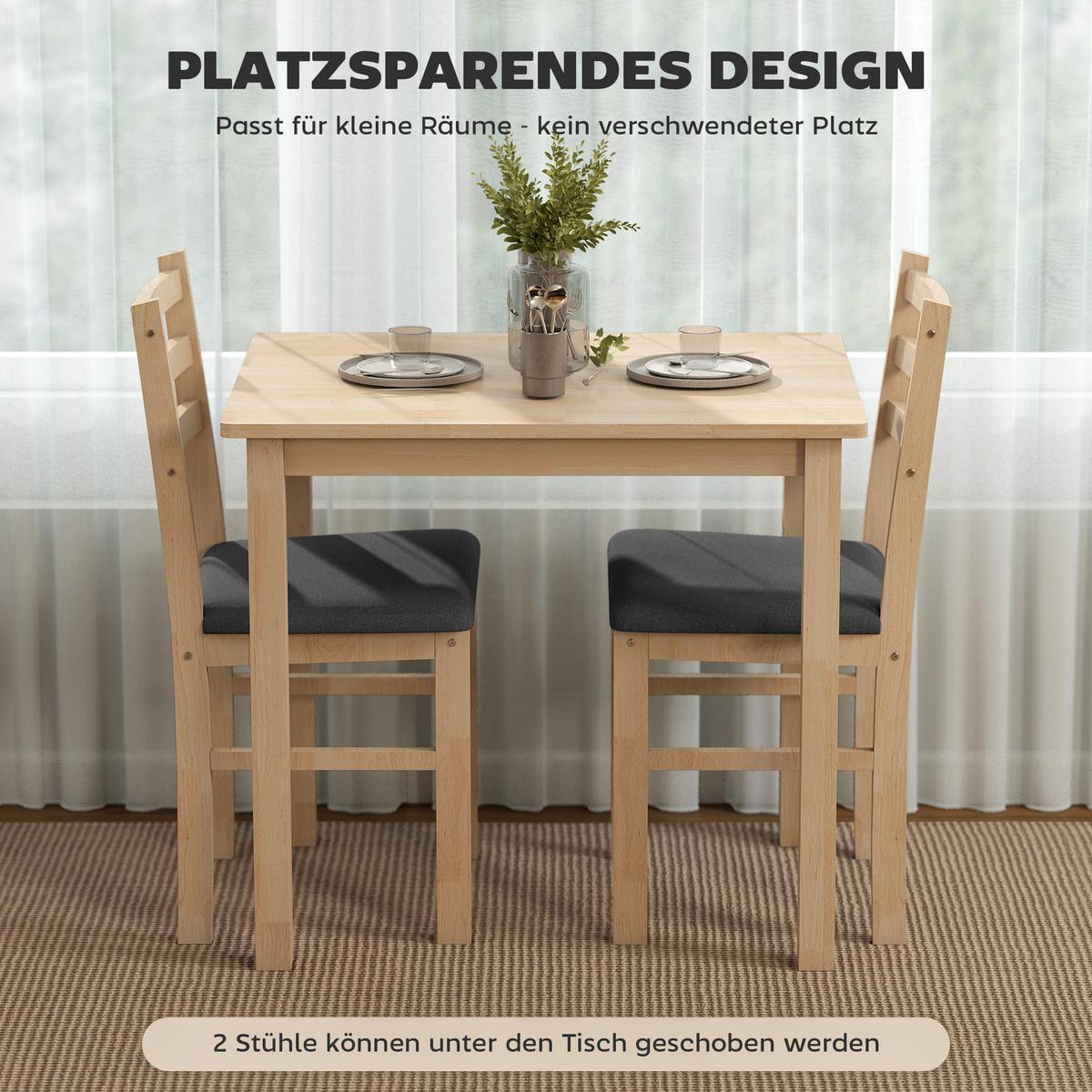 ESSGRUPPE 3er Set Kautschukholz MDF Naturholz - Naturfarben/Grau, Holz/Textil (60/74.5/80cm) - HOMCOM