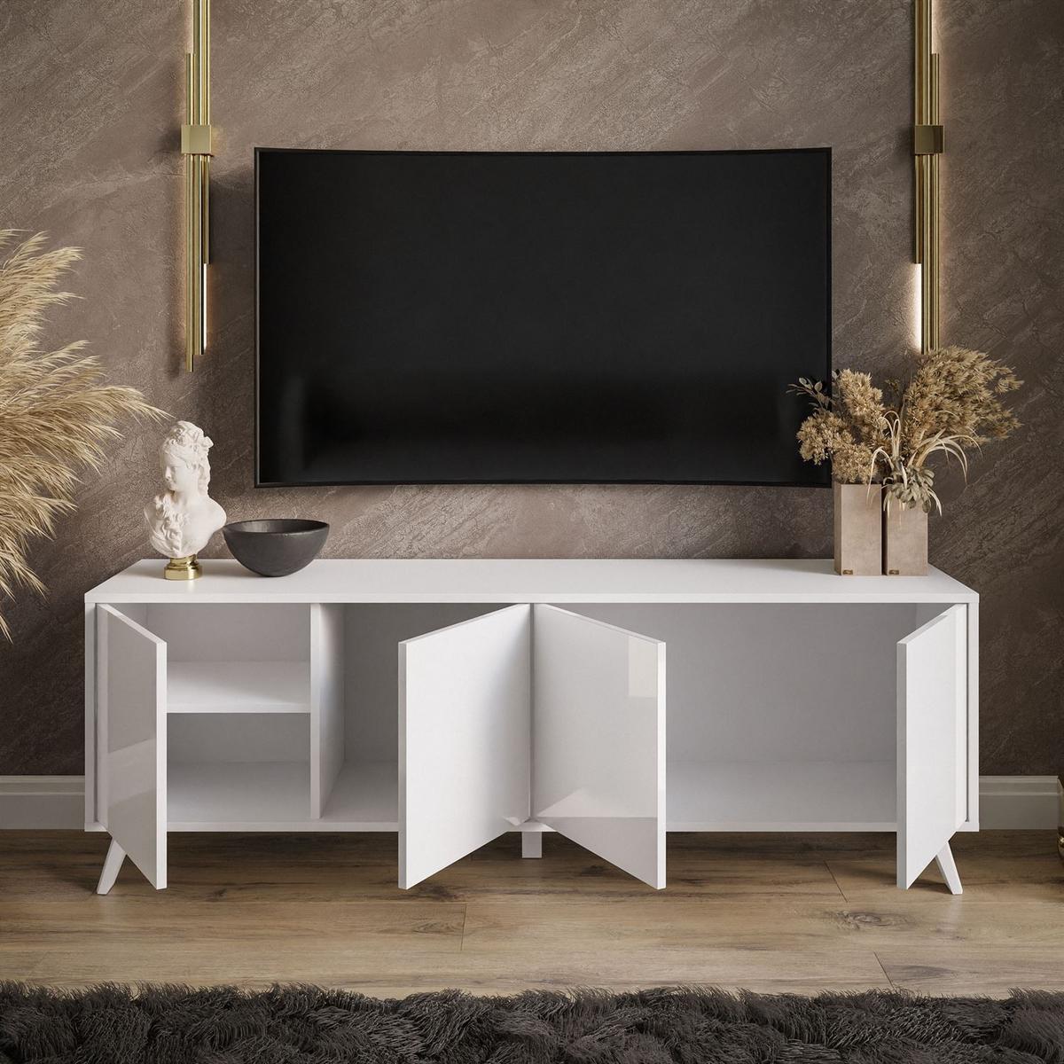 TV-ELEMENT SANAYI auf weißen Beinen Hochglanz Weiß - Weiß Hochglanz, Holzwerkstoff (156/54/38cm) - Lookway