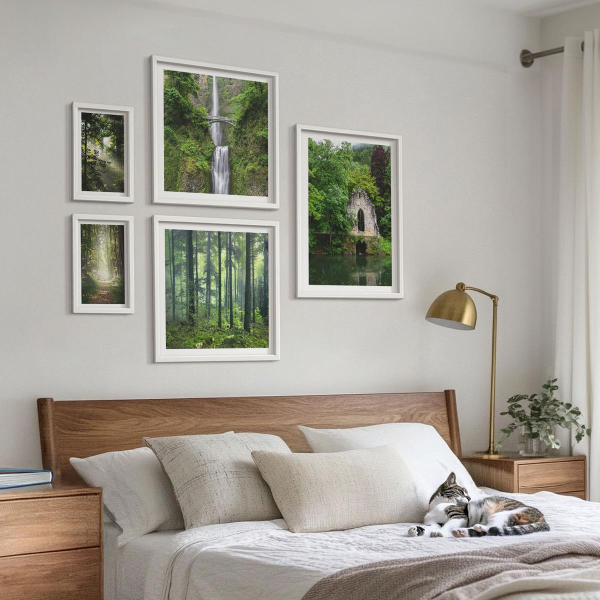 BILDER SET 5er Set - 50x50 cm & 20x30 cm & 40x60 cm Weißer Rahmen - Grüne Wälder, Lichtstrahlen - Weiß, Kunststoff (40/60cm) - TULUP