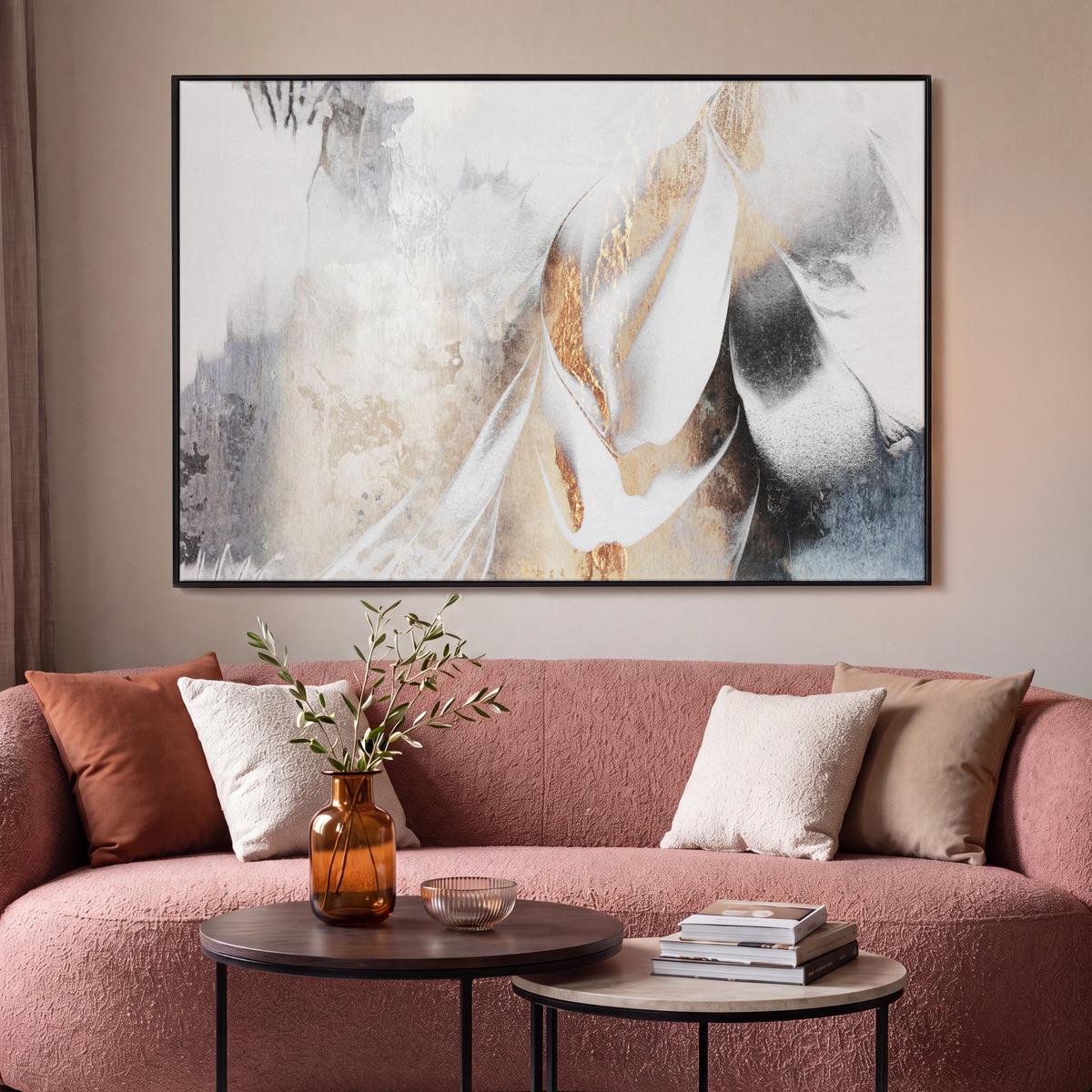 LEINWAND Bilder mit Rahmen - Luxus - Abstrakt - Gold - Weiß - 140x90 - Goldfarben, Textil (140/90cm) - MuchoWow