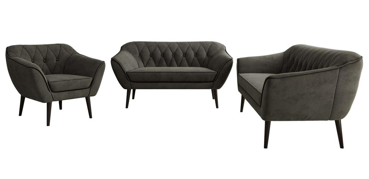 SITZGARNITUR PIRS 3+2+1 - Dunkelgrau Velvet - Schwarze Beine - Dunkelgrau/Schwarz, Holzwerkstoff/Textil (180/75/74cm) - MKS
