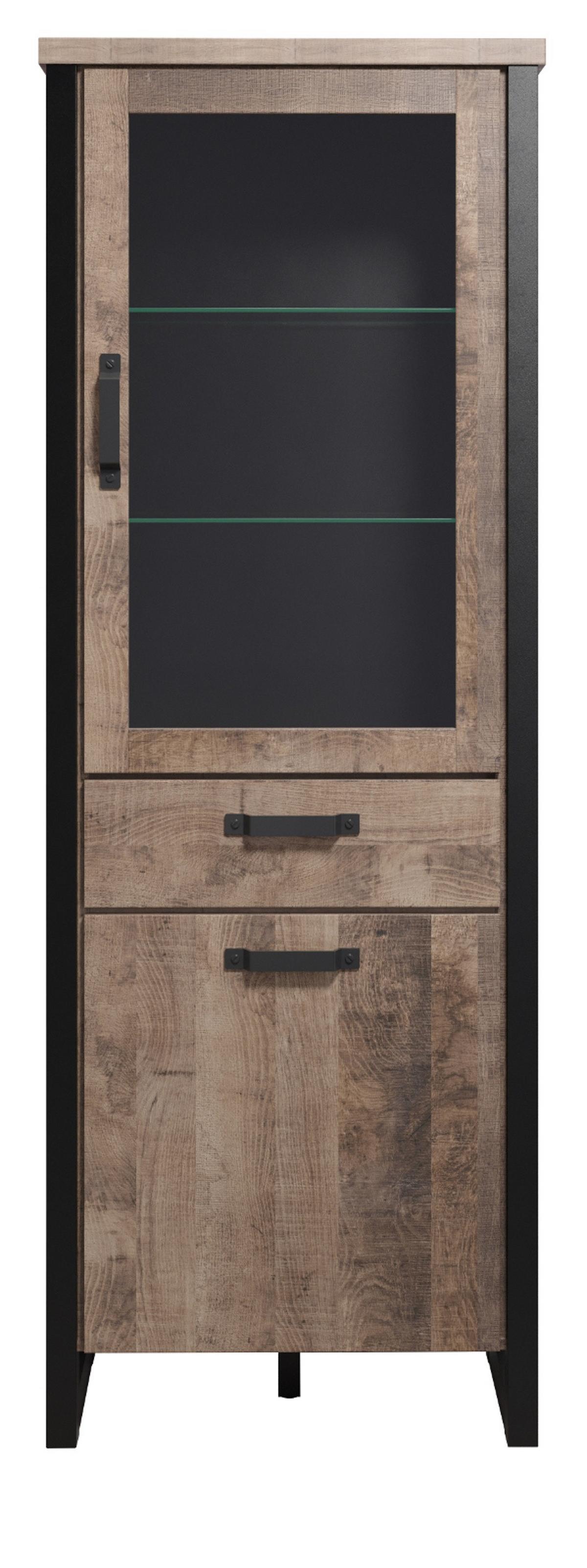 VITRINE Eiche Tabak, schwarz 70 x 195 cm, Vitrinenschrank für Wohn- und Esszimmer - Eichefarben/Schwarz, Glas/Holzwerkstoff (70/195/45cm) - Top.Furn