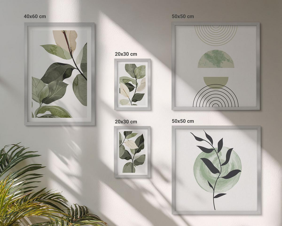 BILDER SET 5er Set - 50x50 cm & 20x30 cm & 40x60 cm Silberner Rahmen - Abstrakte Darstellung gemalter Blätter - Silberfarben, Kunststoff (40/60cm) - TULUP