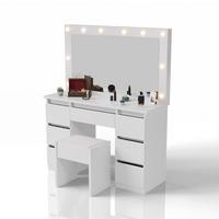 SCHMINKTISCH Lilia weiß mit LED-Beleuchtung und Hocker Melly - Weiß, Holz (108/140/41cm) - Juskys