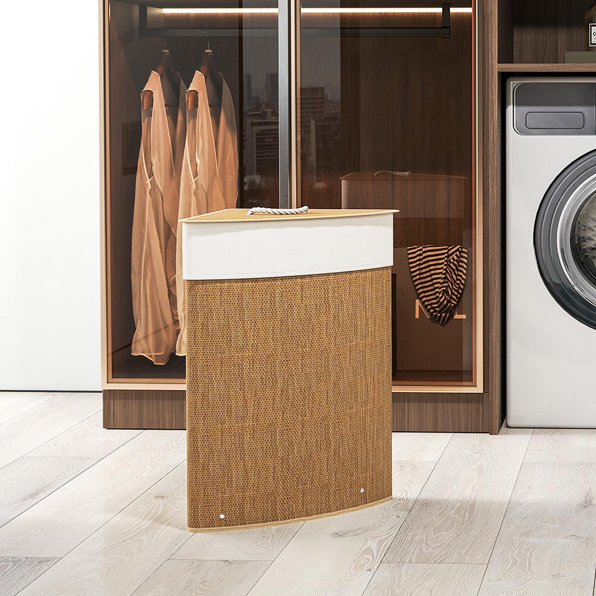 BAMBUS Wäschekorb mit Deckel 55 L Eck Wäschesammler mit herausnehmbar Wäschesack - Braun, Naturmaterialien (35/60/35cm) - HOMCOM