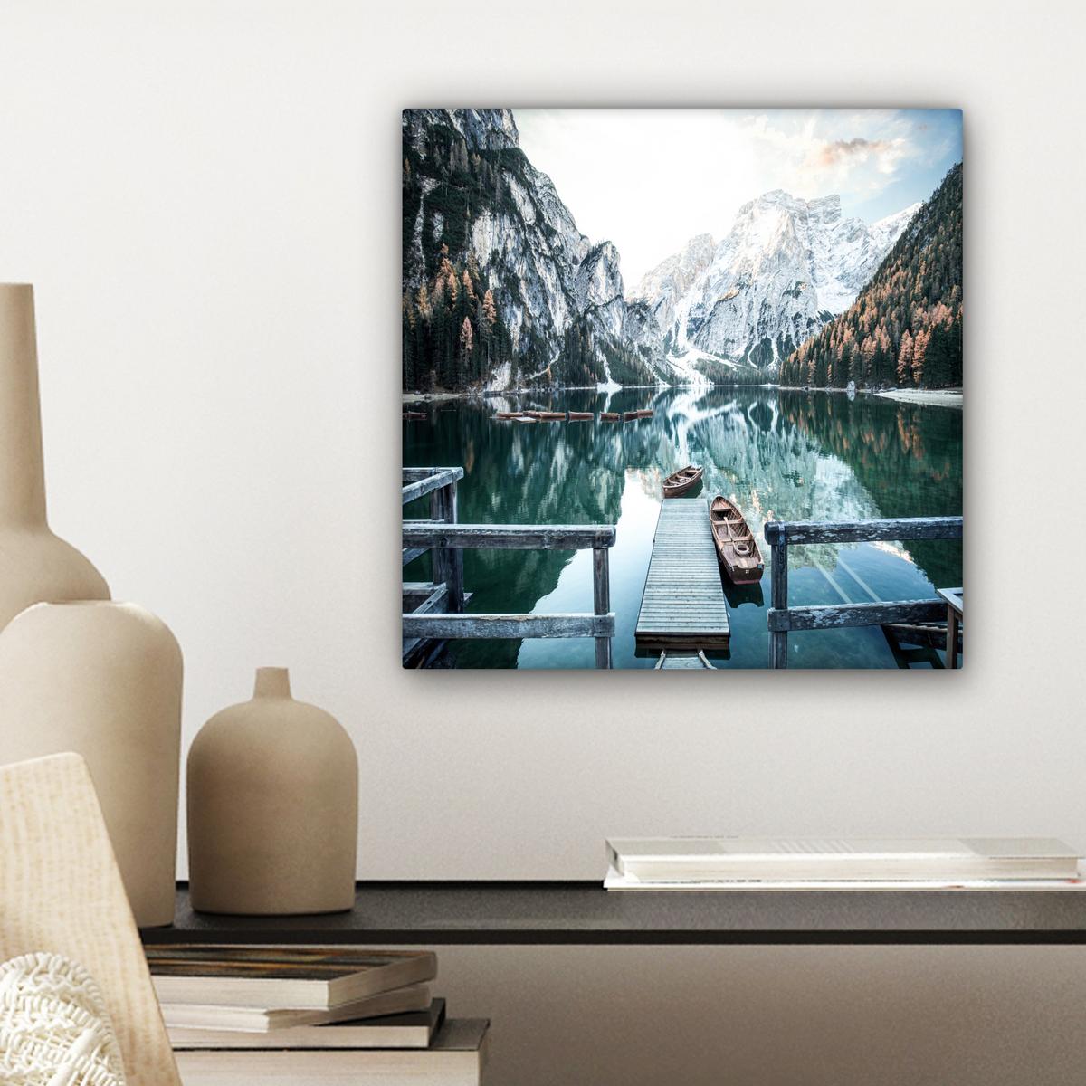 LEINWANDBILD Natur - Berge - Schnee - Wald - Boot Deko Wohnzimmer 20x20 cm - Hellgrün, Textil (20/20cm) - MuchoWow