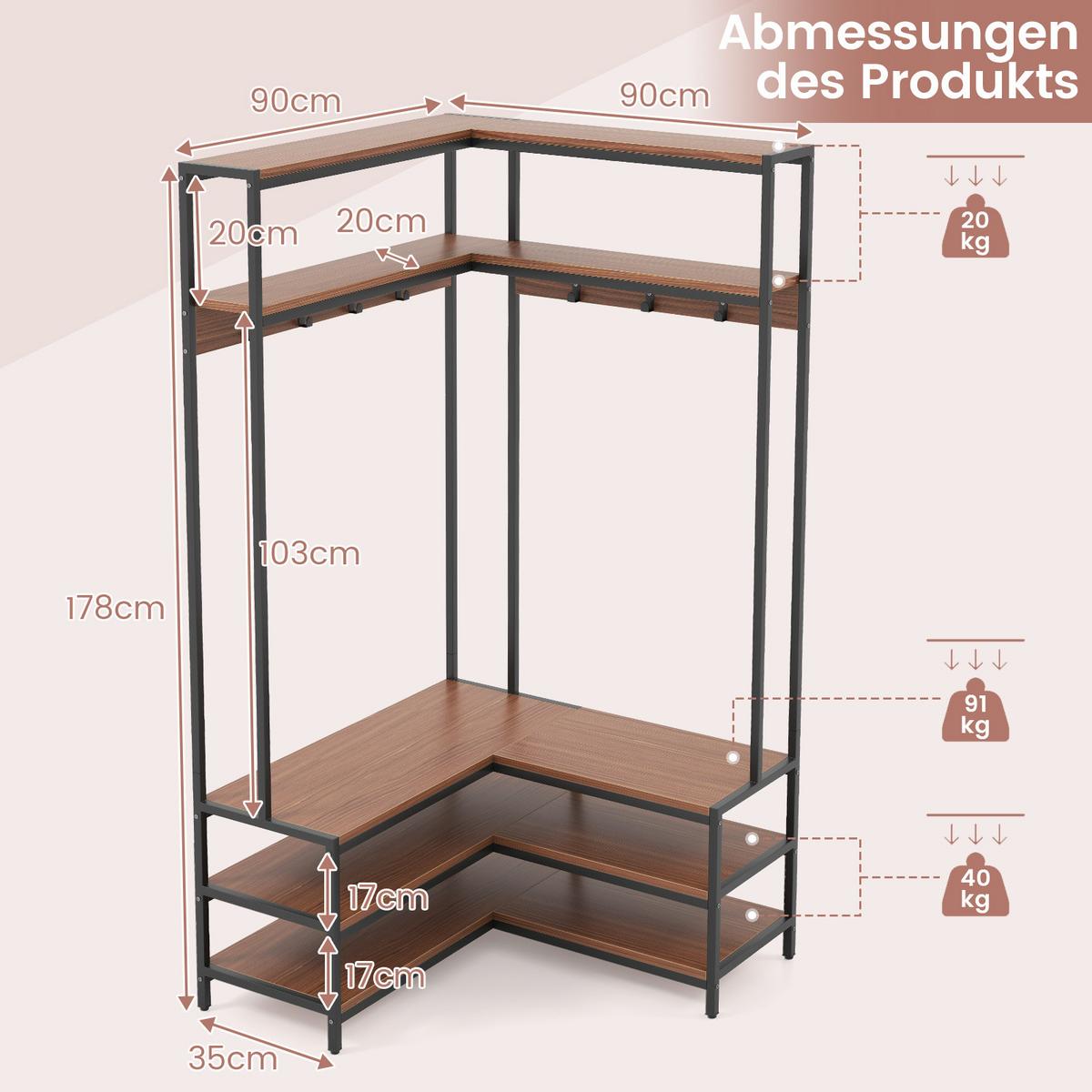 ECK-GARDEROBENSTÄNDER Weiß - Weiß, Metall (90/178/90cm) - COSTWAY