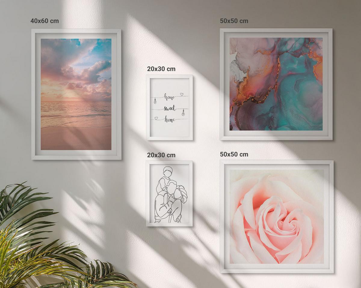 BILDER SET 5er Set - 50x50 cm & 20x30 cm & 40x60 cm Weißer Rahmen - Blumenfamilie minimalistisch - Weiß, Kunststoff (40/60cm) - TULUP