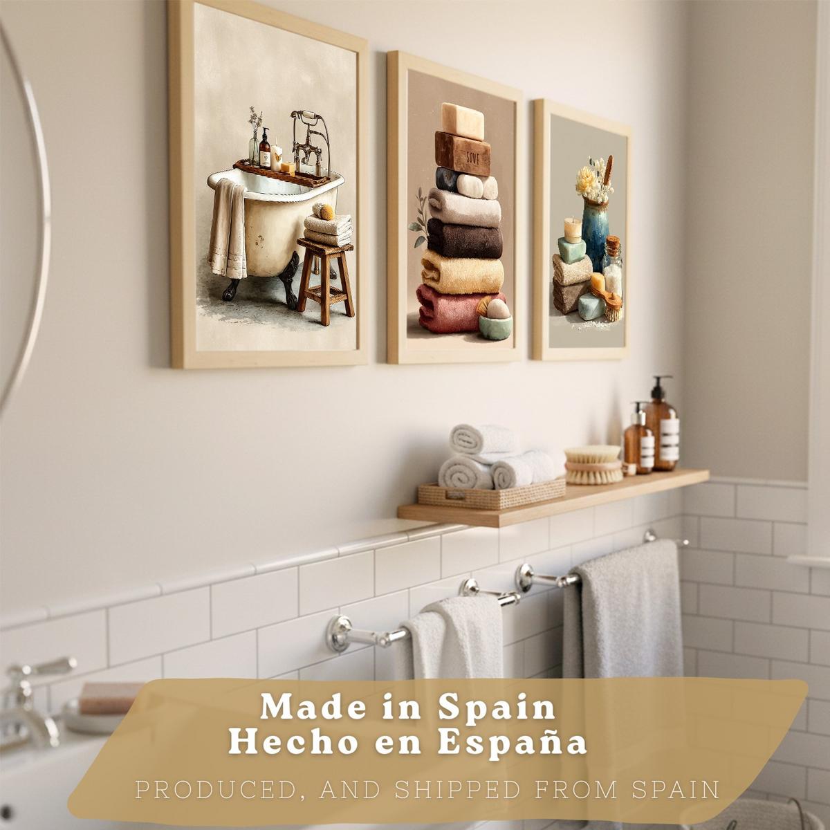 POSTER 3er-Set dekorative Badezimmerbilder, Wanddekoration, natürlichen, für Toilette, mit Handtüchern, Kerzen und Seifen Leichter Holzrahmen A4 - Beige, Papier (29.7/21/3cm) - Nacnic