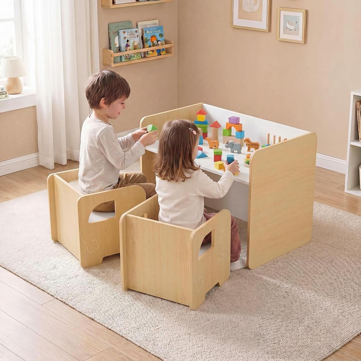 KINDERTISCH mit Stuhl natur(3-tlg) - Naturfarben, Holzwerkstoff (62.5/40/48cm) - COSTWAY