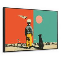 LEINWAND Bilder mit Rahmen - Retro - Junge - Hund - Rot - Grün - 120x80 - Orange, Textil (120/80cm) - MuchoWow