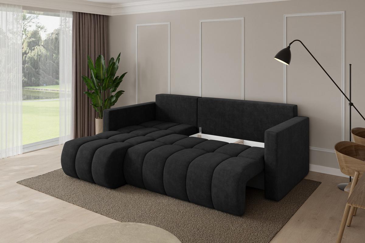 ECKSOFA mit Schlaffunktion Ottomane Links GARD-L 226x146x85 Schwarz Velours - Schwarz, Holzwerkstoff/Kunststoff (226/146cm) - ALTDECOR