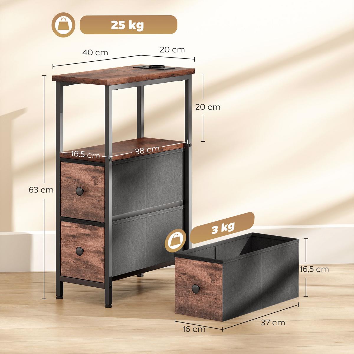 BEISTELLTISCH mit Schubladen Rustikalbraun 20/40/63 cm - Schwarz/Braun, Metall (40/20/63cm) - HOMCOM