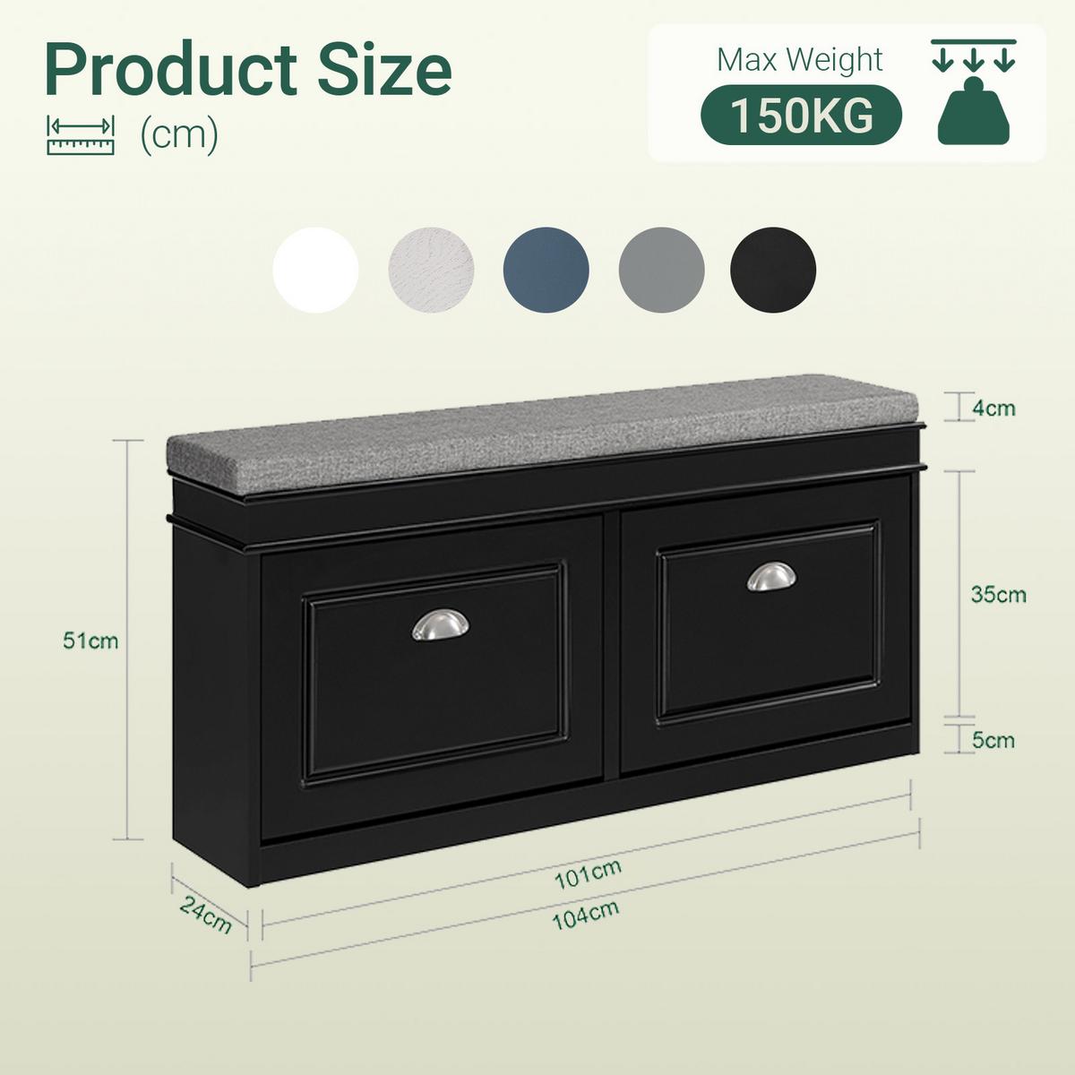 SCHUHBANK schwarz, 104x52x24 cm, Sitzpolster, 2 Klappen für 8 Paar, bis 150 kg, verstellbare Böden, für Flur & Diele - Schwarz, Holzwerkstoff (104/52/24cm) - SoBuy