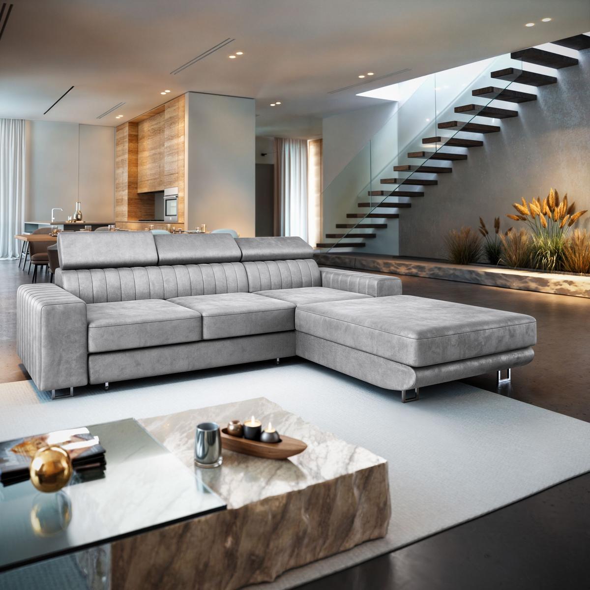 ECKSOFA NOTO R-S Hellgrau Velours-Stoff mit Schlaffunktion - Silberfarben/Hellgrau, Holz/Textil (267/190cm) - MASSENO