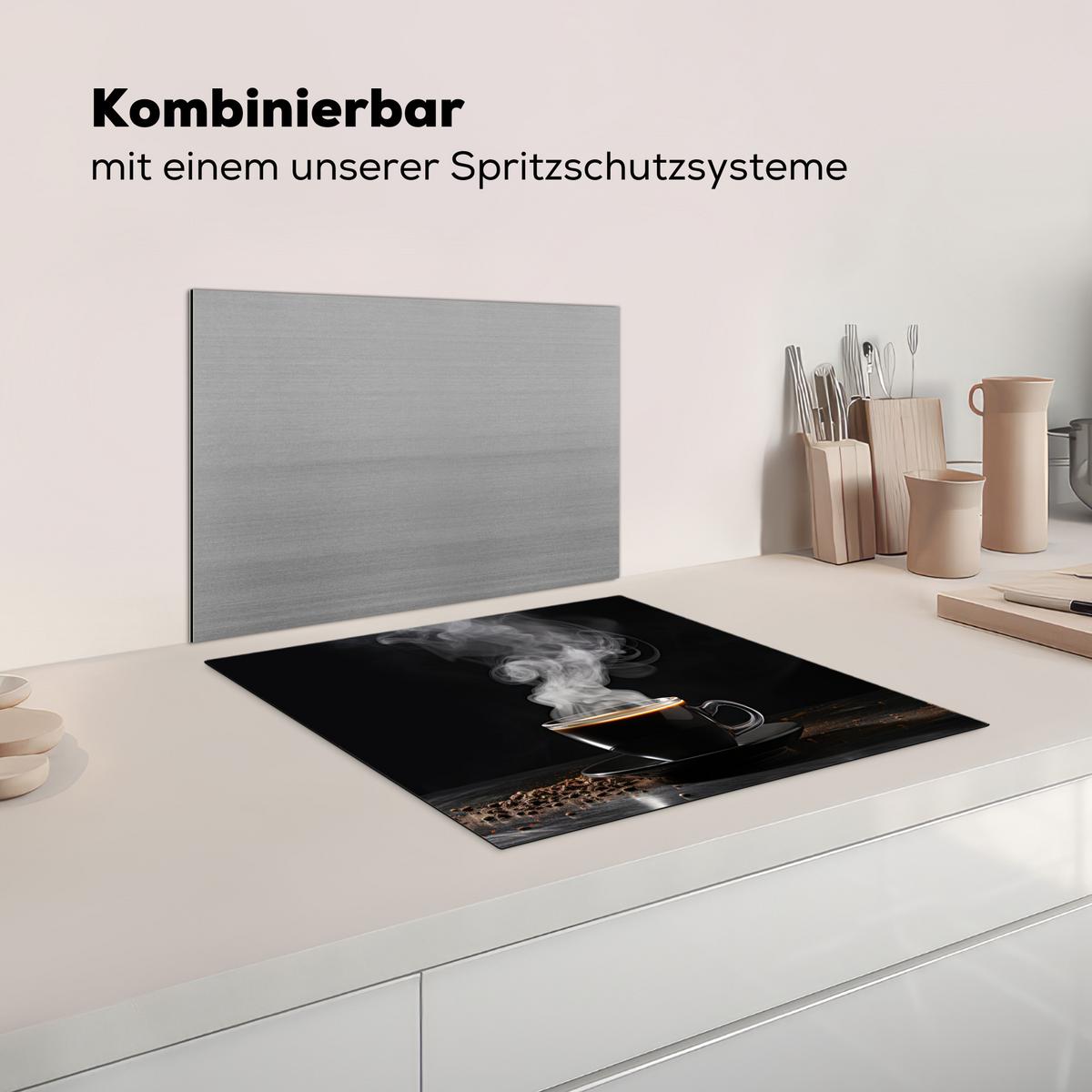 HERDABDECKPLATTE Kaffee - Schwarz - Bohnen - Heiß - Tasse Herdabdeckung Induktionsfeld 60x52 cm - Schwarz, Kunststoff (60/52/0.2cm) - MuchoWow