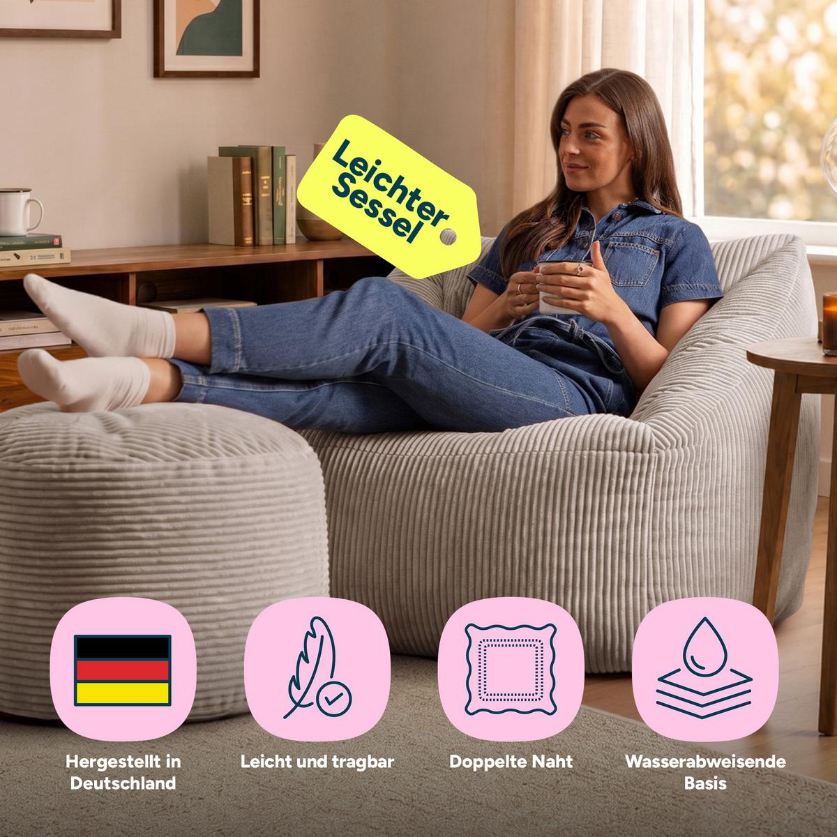 SITZSACK Sessel Natalia mit Sitzpouf - Hellgrau, Textil (97/73/84cm) - icon
