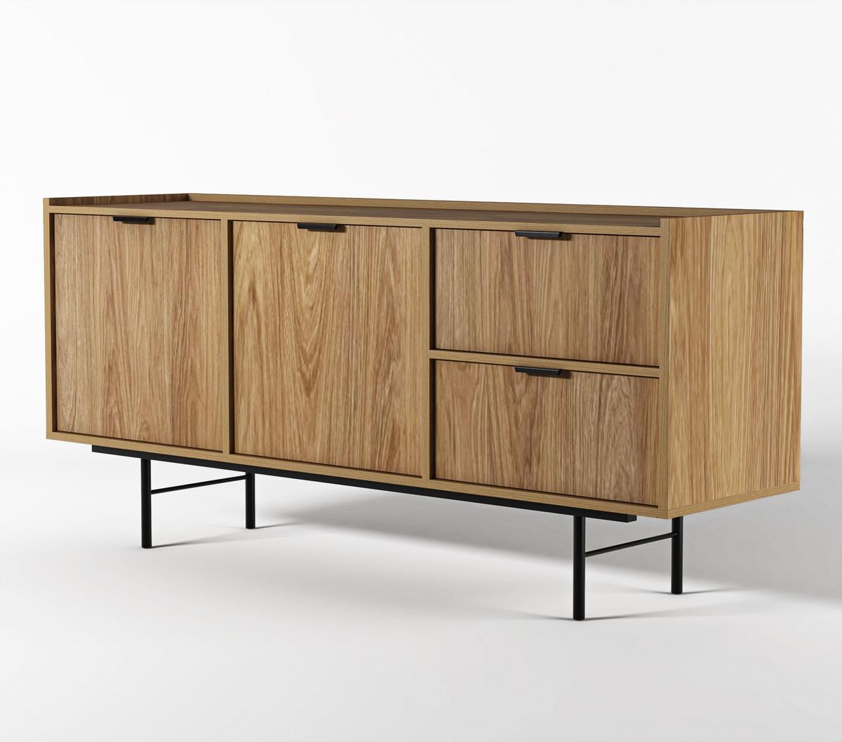 SIDEBOARD Nordiva 2T 2S Hikora Natur 150/68/40 cm – Metallgestell - Schwarz/Naturfarben, Holzwerkstoff/Metall (150/68/40cm) - AX Living