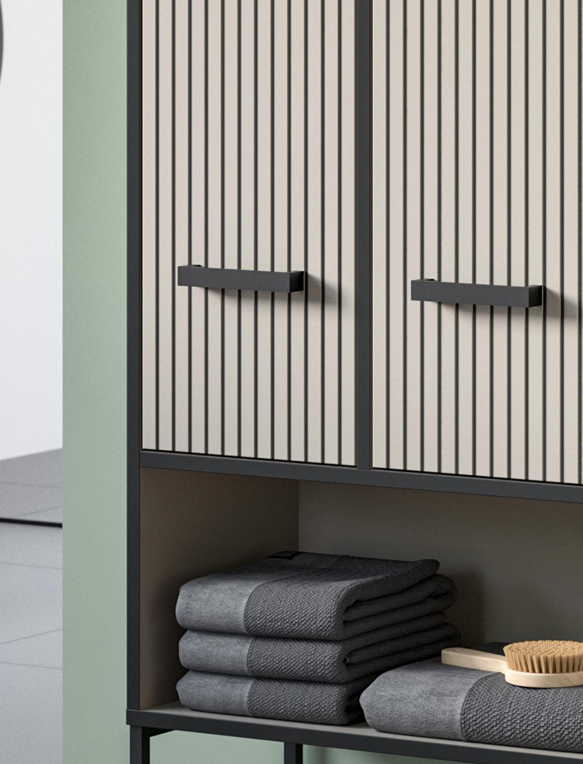HOCHSCHRANK schwarz, sand 59 cm, Badschrank mit Soft-Close - Sandfarben/Schwarz, Holzwerkstoff/Metall (59/159/32cm) - Inn.Furn