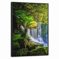 LEINWAND Bilder mit Rahmen - Dschungel - Wasserfall - Australien - Pflanzen - Natur - 70x100 - Dunkelgrün, Textil (70/100cm) - MuchoWow