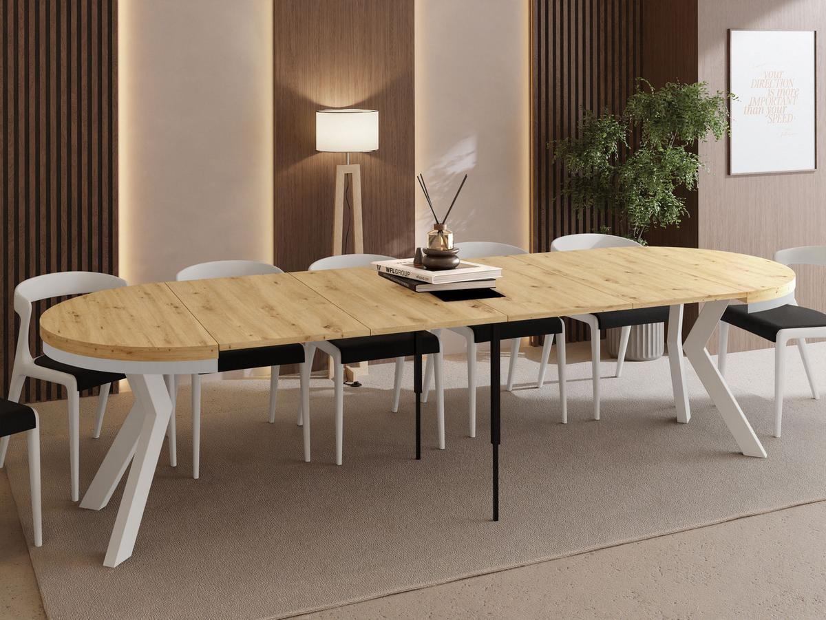 ESSTISCH Savio Weiß Neo rund ausziehbar verlängerbar XXL, Eiche Artisan Hellbraun 100-300/100/77 cm - Eiche Artisan/Weiß, Holz/Holzwerkstoff (100/300/77cm) - WFL GROUP