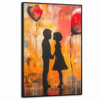 LEINWAND Bilder mit Rahmen - Straßenkunst - Liebe - Graffiti - Kunst - Banksy - 100x150 - Orange, Textil (100/150cm) - MuchoWow