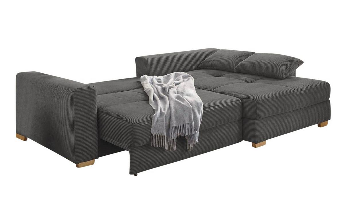 ECKSOFA-DAUERSCHLÄFER Federkern Bettkasten, seitenverkehrt montierbar B288/T186/H86 cm, Liegefl. 153x245 cm, Cord Dunkelgrau / 15153 - Dunkelgrau/Eichefarben, Holz/Textil (288/186cm) - luma-home