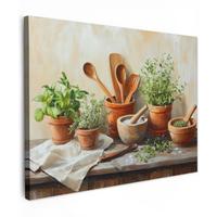 LEINWANDBILD Töpfe - Kräuter - Holz Wandbild 40x30 cm - Terracotta, Textil (40/30cm) - MuchoWow